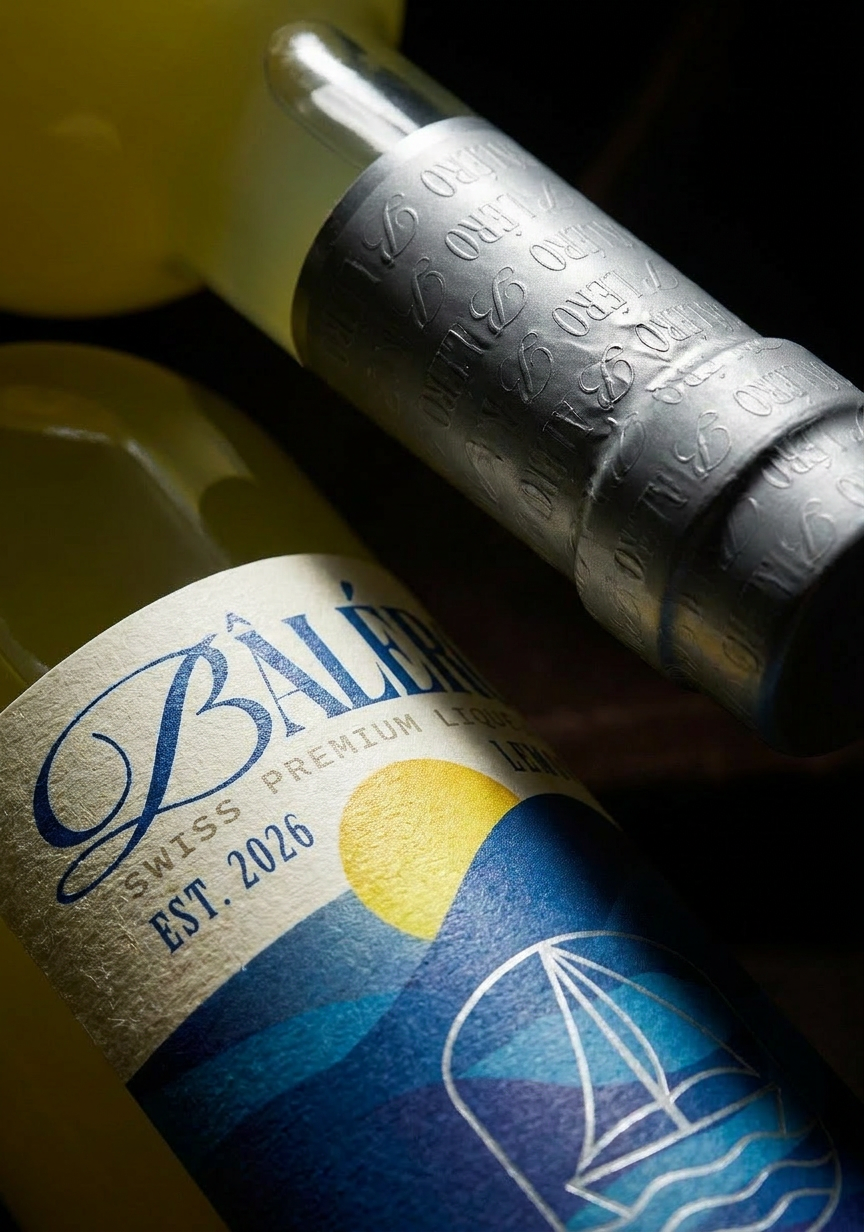 Extreme close-up of the BÂLÉRO Limoncello label on textured off-white paper, showcasing the blue sailboat logo and fine print details.